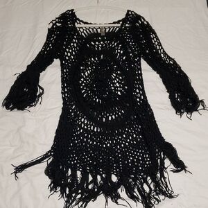 MT Collection Black Crochet Fringe Cover-Up, One Size